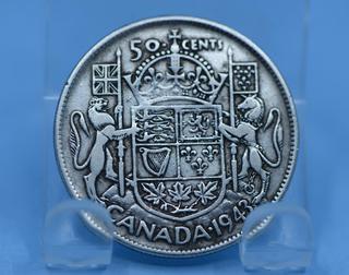 1943 Canada Silver 50 Cent Coin.