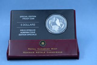 2005 Saskatchewan Proof Five Dollar .999 Silver Coin.