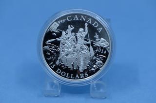 2014 Canada The Voyagers In Canoe .9999 Silver Coin.