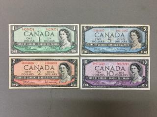 Set of 1954 Canada One, Two, Five and Ten Dollar Bills.