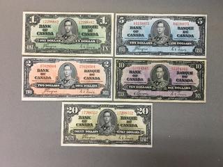 Set of 1937 Canada One, Two, Five, Ten and Twenty Dollar Bills.