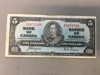 1937 Canada Five Dollar Bill S/N ES5871349.