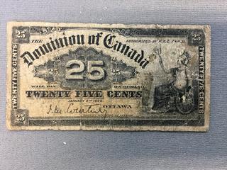 1900 Dominion of Canada Twenty Five Cent Shinplaster Bill.