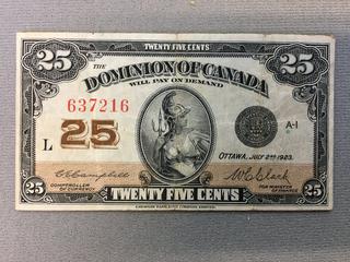 1923 Dominion of Canada Twenty Five Cent Shinplaster Bill.