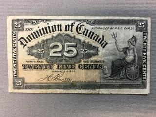 1900 Dominion of Canada Twenty Five Cent Shinplaster Bill.