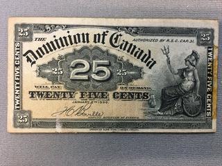 1900 Dominion of Canada Twenty Five Cent Shinplaster Bill.