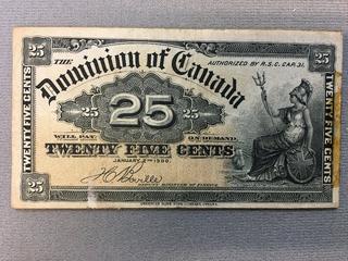 1900 Dominion of Canada Twenty Five Cent Shinplaster Bill.