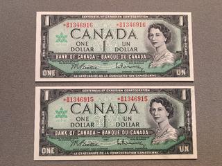 (2) Sequential 1954 Canada One Dollar Replacement Bills S/N *BM1346915, *BM1346916.