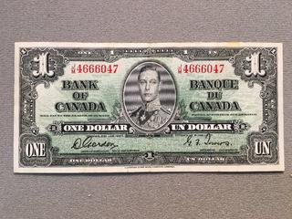 1937 Canada One Dollar Bill S/N JM4666047.