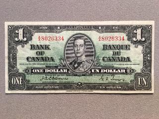 1937 Canada One Dollar Bill S/N AA8026334.