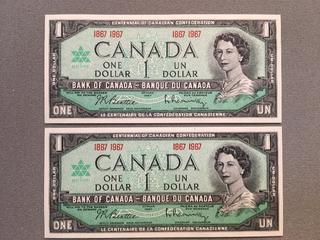 (2) 1967 Canada Centennial One Dollar Bills S/N 1867 1967.