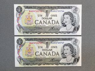 (2) Sequential 1937 Canada One Dollar Bills S/N BAK4720746, BAK4720747.