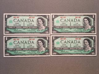 (4) 1967 Canada Centennial One Dollar Bills S/N 1867 1967.