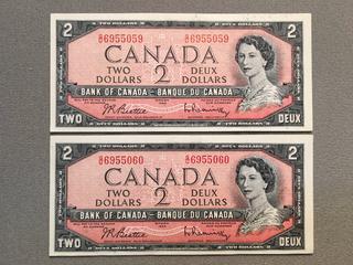 (2) Sequential 1954 Canada Two Dollar Bills S/N GU6955059, GU6955060.