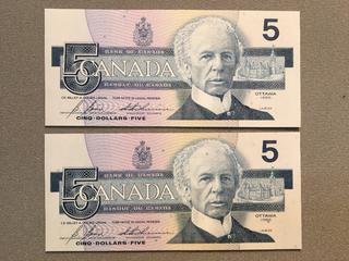 (2) Sequential 1986 Canada Five Dollar Bills S/N GPU4885890,GPU4885891.