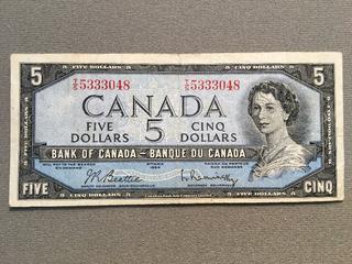 1954 Canada Five Dollar Bill S/N TS5333048.