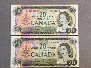 (2) 1969 Canada Twenty Dollar Bills S/N EZ4640251,EZ4640254.