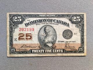 1923 Dominion of Canada Twenty Five Cent Shinplaster Bill.