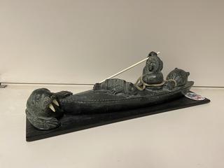 Handcrafted Soapstone Fishing Sculpture, 13"L.