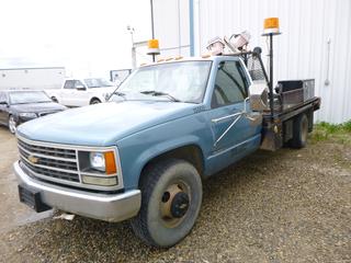 1991 Cheyenne 3500 Flat Deck Truck C/w 5.7L Gas, Manual, Hyd PTO, Tekonsha Voyager Brake Control, 200lb Lifmoore Truck Crane, 2-Section, Truck Mtd Vise And 11'5" X 7'4" Deck. Showing 140,231kms. VIN 1GBJC34K0ME173460 *Note: Missing Door Handle On Drivers Side*