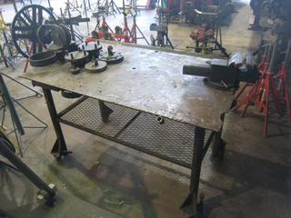 Fitting Table. 3'x3'3"x5'. c/w Manual Positioner, 8" Vise, Accessories.