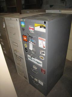 (2) 4 Drawer Metal Filing Cabinets. 4'x4" x 15" x 26 1/2 " , 4'4" x 18" x 16 1/2 ".