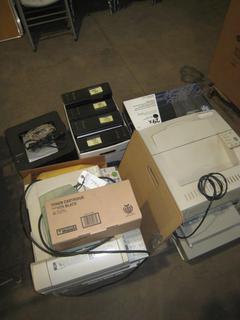 Pallet of Printer Copier Fax Machines & Accessories. Includes HP Laser Jet 5100, RICOH AFICIO 1515MF, Dell Printer E310DW, HP Laser Jet 29X Ink Cartridges.