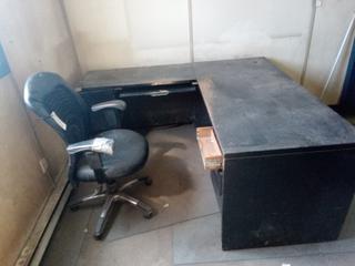 (3) Rolling Office Chairs, (1) Small Desk, (1) L Shaped Desk & Filing Cabinet.