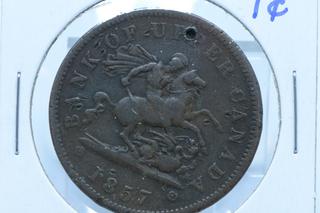 1857 Bank of Upper Canada One Penny Dragonslayer Coin.