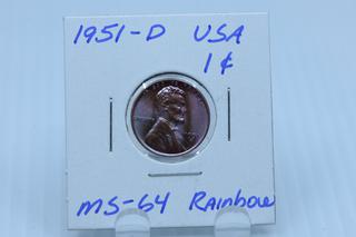 1951-D USA Wheat Penny Rainbow Toned Uncirculated.