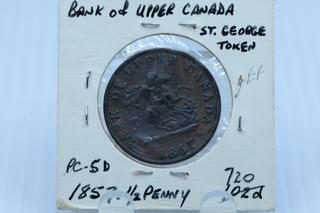 1857 Bank of Upper Canada Half Penny Dragonslayer Token.