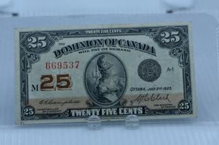 1923 Dominion of Canada 25 Cent Bank Note.