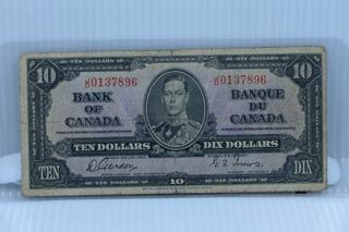 1937 Bank of Canada Ten Dollar Bank Note.