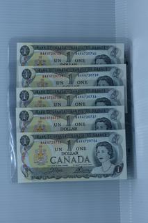 1973 Bank of Canada $1 Bank Notes - 5 Consecutive Uncirculated.