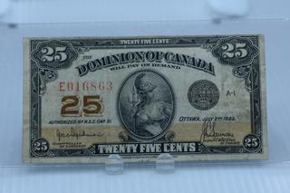 1923 Dominion of Canada 25 Cent Bank Note - Hyndman/Saunders Signature.