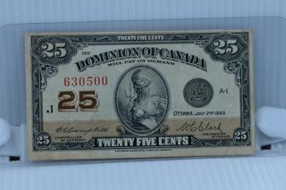 1923 Dominion of Canada 25 Cent Bank Note - Campbell/Clark Signature.