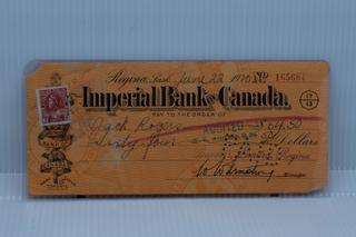 1920 Imperial Bank of Canada Cancelled Cheque.