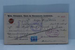 1923 Wm. Stairs, Son & Morrow, Limited Cancelled Cheque.