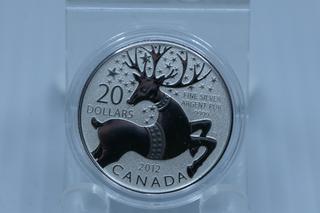 2012 Canada $20 .9999 Fine Silver Coin w/Reindeer.