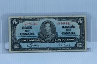 1937 Bank of Canada Five Dollar Bank Note.