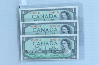 1954 Bank of Canada Three Consecutive One Dollar Bank Notes - Uncirculated.