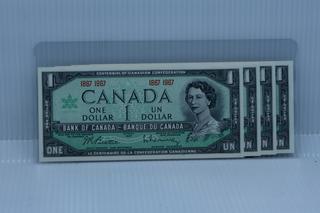 1867 - 1967 Canada Centennial One Dollar Bank Notes - Four In a Row.