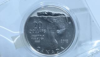 2012 Canada $20 .9999 Fine Silver Coin w/Swimming Polar Bear.