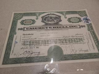 Culumet & Hecla Inc. Stock Certificate
