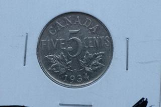 1934 Canada Five Cent Coin.