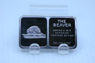 1974 Canadian Heritage Edition THE BEAVER .999 Fine Silver 1 ounce bar.