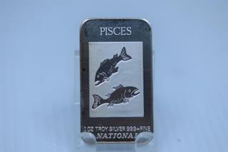 1 oz troy silver .999+ Fine Pisces Silver Art Bar.