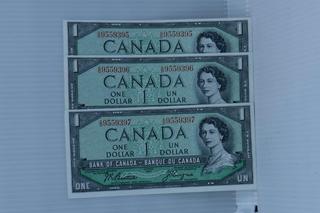 1954 Bank of Danada One Dollar Bank Notes - 3 in sequence.