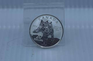 2014 Canada Twenty Dollar .9999 Fine Silver Coin w/Lynx.