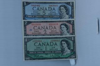 1954 Canada One, Two and Five Dollar Bank Notes.